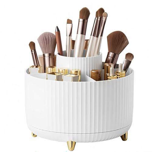 DONGDA Kosmetik Make Up Organizer, 360°Drehbarer Pinsel Kosmetik Organizers, Multifunktionale Beauty Organizer für Pinsel, Kosmetik Aufbewahrung Kosmetik für Frisiertisch, Schlafzimmer, Bad - Weiß