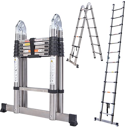 Escalera telescópica de extensión de 3,8 m con marco en A, escalera plegable de acero inoxidable resistente con estabilizador, escalera recta plegable 2 en 1, carga máxima de 330 libras para trabajos
