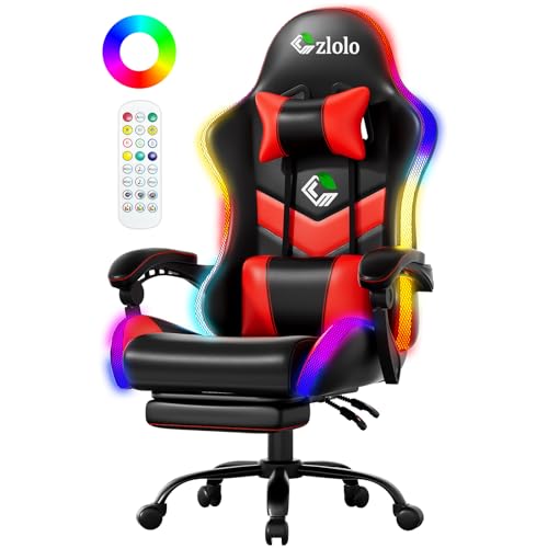 Image of Czlolo Gaming Chair, RGB LED Lights Computer Chair with Footrest, Lumbar Support Massager Gamer Chair, High Back, 90-135 Reclining, Linkage Armrests, Crimson