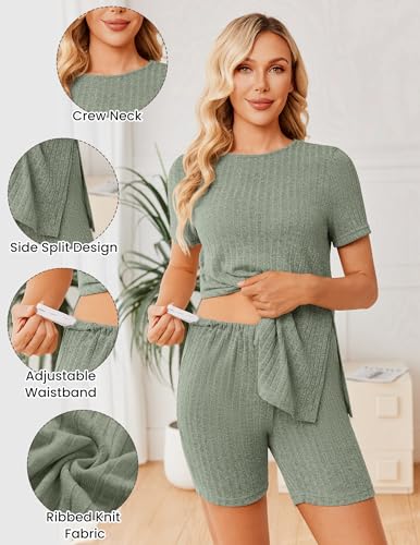Image of Ekouaer Maternity Sets 2 Piece Outfits Short Sleeve Shirts and Biker Shorts Pregnancy Loungewear