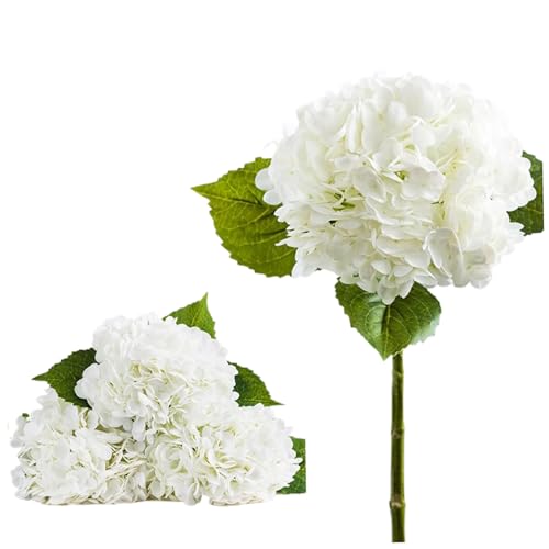 3 PCS White Hydrangea Flores artificiales de 20.9 pulgadas Flores decorativas de hortensias de imitación con tallo largo y hojas artificiales Toque real reutilizable para decoración diaria Whit