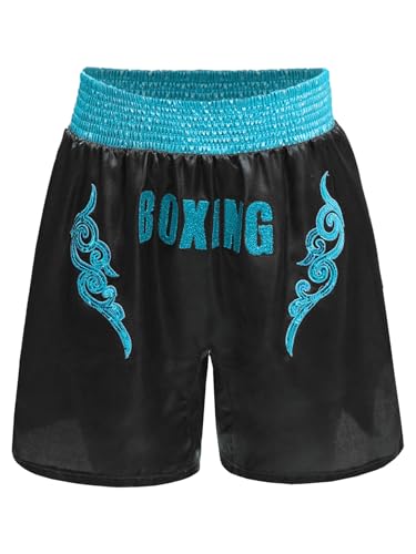 Hansber Kid's Boys Satin Muay Thai Shorts Shiny Letter Printed Boxer Shorts for Kickboxing Fighting