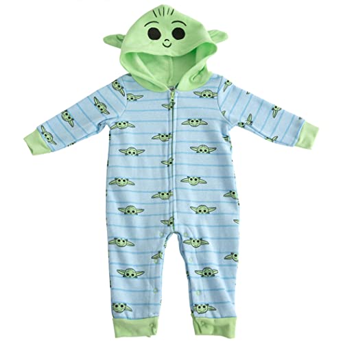 Image of STAR WARS Baby Boys Baby Yoda New Born Infant Long Sleeve Fleece Hooded Romper Bodysuit