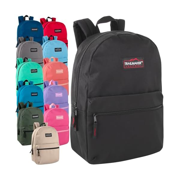 Trail maker 24 Pack- Classic 17 Inch Backpacks in Bulk Wholesale Back Packs for Boys and Girls (Assorted 12 Colors Pack)