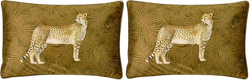Image of Paoletti Cheetah Forest Velvet Cushion Cover – Realistic Animal Botanical Soft Durable Decorative Cushion (Gold – 50 x 30cm) (Pack of 2)