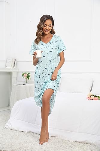 PNAEONG Women Short Sleeve Long Nightgown Soft Cotton Sleepwear Nightshirts Loungewear with Pockets2