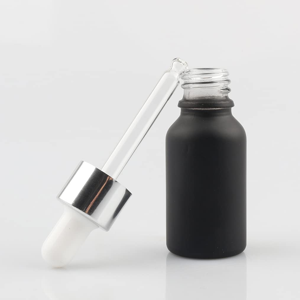 24 Pezzi Nero Opaco Bottiglie Contagocce Vetro 15 ml con Pipette Contagocce Vetro, anello a vite Argento, per Laboratorio,Olio Essenziale, Aromaterapia +4 imbuti