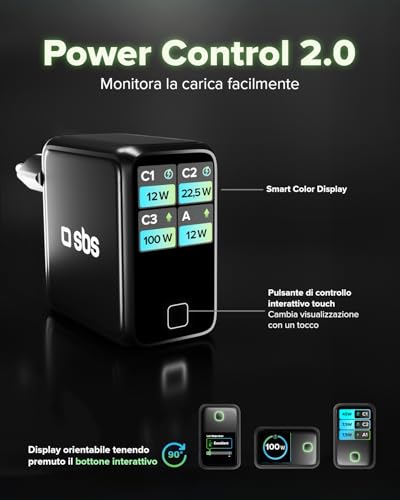 Caricabatteria Sbs Caricatore USB-C Smart Con Display Tft E Power Control 2.0, 100W, Nero - 5