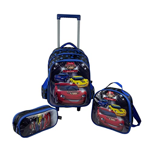 KIT MOCHILA ESCOLAR 2 RODAS LANCHEIRA E ESTOJO SPEED CAR Cor:Azul;tamanho:M;Genero:Masculino