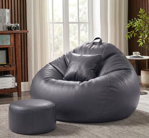 Image of Sattva Classic 3XL Bean Bag Chair with Beans Filled | Faux Leather Sofa Style Bin Bags with Footstool & Cushion | Comfort Beam Bag Sofa for Adults & Teens, Living Room & Office - Grey