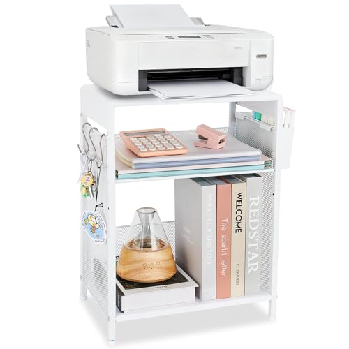 El Mejor Listado de Mueble para Impresora del mes. 48 LEKETREE - Pequeño soporte para debajo del escritorio, soporte para impresora blanco con estante de almacenamiento, mesa para impresora ajustable en altura de 3 niveles con...