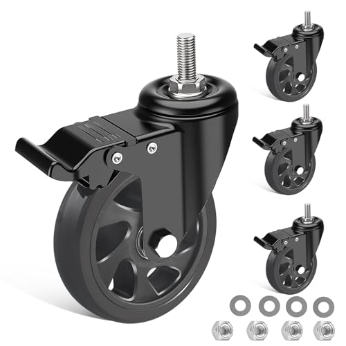 KASTWAVE Heavy Duty Furniture Wheels, Furniture Castors with M10 X 25mm (3/8" x 1") Screw Stem, PU Casters Trolley Wheels with Bolts, 4 Threaded Swivel Castors 360掳 Rotation up to 700KG