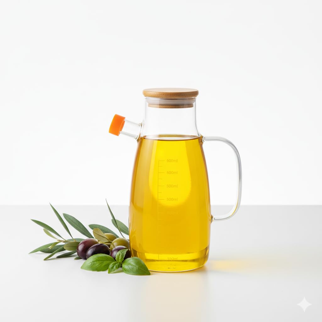 Deconox Borosilikat Cam Yağlık - Bambu Kapaklı ve Ölçü Çizgili Sirkelik | Damlatmaz Ağızlı, Isıya Dayanıklı, Kurşunsuz Yağdanlık (1000 ml)