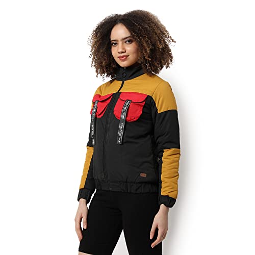 Image of Campus Sutra Women Mustard & Black Multicolour Puffer Regular Bomber Jacket For Winter Wear | Low-Cut Standing Collar | Full Sleeve | Zipper | Casual Jacket For Woman & Girl