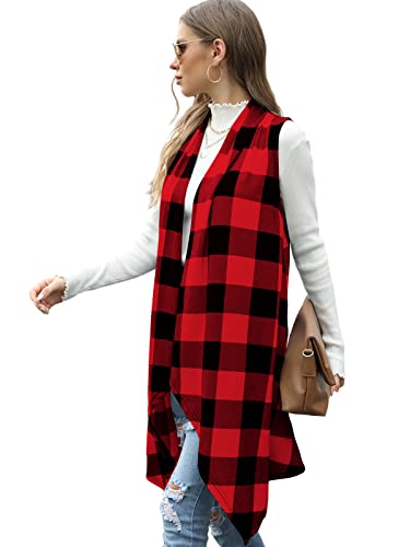 Womens Buffalo Plaid Open Front Cardigan Sleeveless Lightweight Vest Drape Jacket Coat With Pockets Red #TOP6