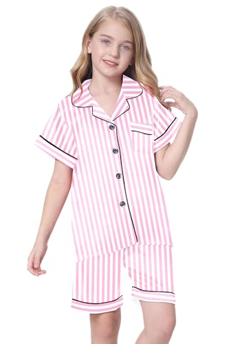 Image of Schbbbta Girls Womens Pajamas, Satin Silky Pjs Set Kids 2Pcs Button-Down Nightwear Sleepwear Gift for Mommy and me
