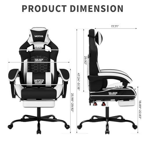 Image of Gaming Chair with Massage,Ergonomic PC Gaming Chair with Footrest Comfortable Headrest and Lumbar Support,High Back PVC Leather,300LBS (Black White)