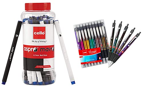 Image of Cello Aspro Mavro Ball Pen Set (Bulk Pack of 50 pens with Stand- Assorted) Streak Ball Pen - Pack of 10 pens