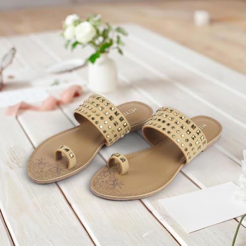 Image of Metro Women Synthetic Studded Toe-Ring Embellished Flat Sandals