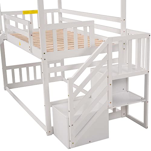 Twin Over Twin Bunk Bed With Convertible Slide And And Storage Staircase,Storage Staircase Can Be Placed Left Or Right,Wood House Bunk Bed Frame For Kids Teens Bedroom,White #TOP4