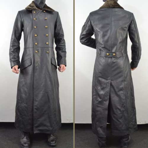 World War 2 Leather German Coat - Waffen Elite Officers Military Uniform Coat - WW2 Fur Collar Black Long Trench Leather Coat2