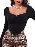 Avanova Women's Long Sleeve Knit Ribbed Crop Top Ruched Front Square Neck Asymmetrical Hem Tees...