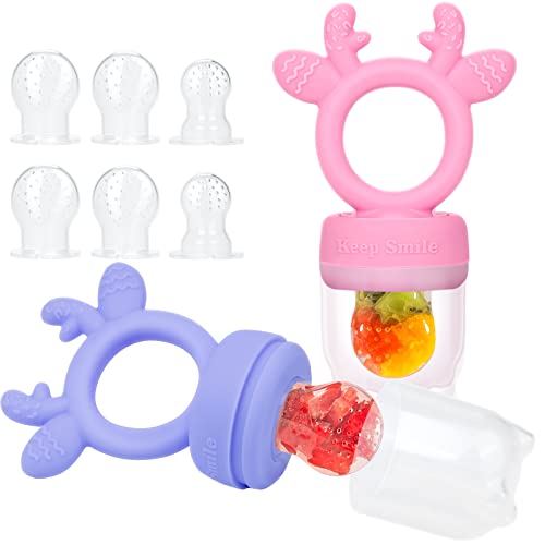 Image of SHARE&CARE Fresh Food Feeder Pacifier (2 Pack) Includes 3 Sizes Replaceable Silicone Pouches Food Grade Silicone Fresh Fruit Feeders (Pink-Purple)