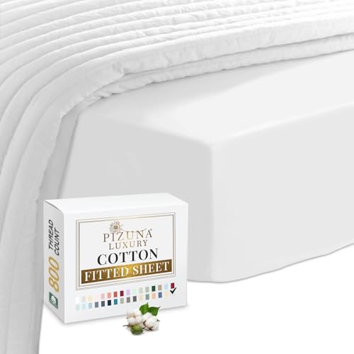 Pizuna Luxury Cotton Super King Fitted Sheet White, 800 Thread Count 100% Long Staple Cotton Fitted Sheet 180x200 cm, Sateen Weave Superking Fitted Sheet Extra Deep 40 cm Fit - 1 PC