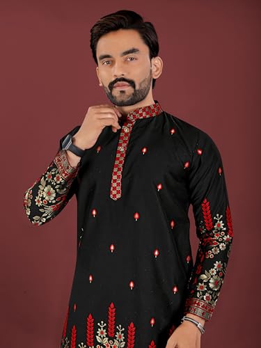Image of Men's Cotton Silk Kurta with Jacquard Work Full Sleeves Floral Printed Side Slit and Mandarin Collar Neck | Kurta Pajama Set for Men Cotton Wedding | Short Kurta for Men