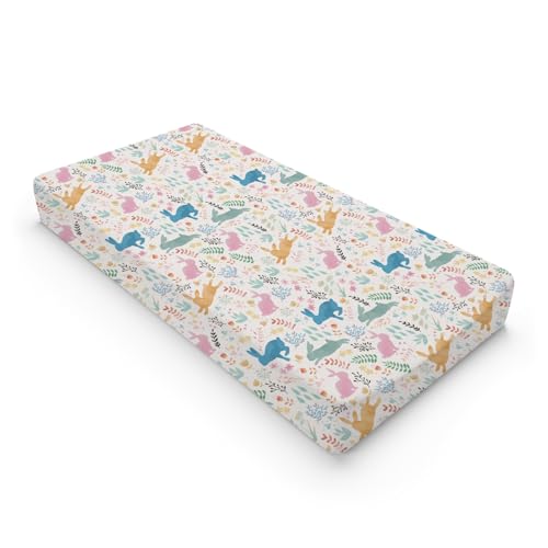 Spring Bunnies Floral Baby Changing Pad Covers for Boy Girl 32''x16'' Colorful Rabbits Flowers Leaves Fitted Diaper Changing Table Sheets Easter Bunny Soft Breathable Nursery Baby Changing Table Mats