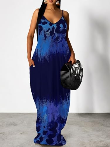 Image of Women's Summer Maxi Dress Spaghetti Strap Floral Boho Beach Long Sundress with Pockets
