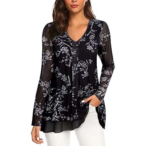 Triratna Blouses for Women Dressy Casual Tunic Tops To Wear with Leggings for Work Hide Belly Curved Hem Breathable Not See Through Chiffon Peasant Blouse Shirts Flared Tunic Black-white Floral,XL Cover