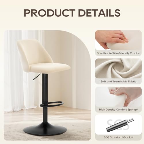 COLAMY Bar Stools Set of 3, Modern Swivel Bar Chairs, Adjustable Upholstered Barstools Counter Height with Full Backrest for Bar, Dining Room, Kitchen Island, Beige