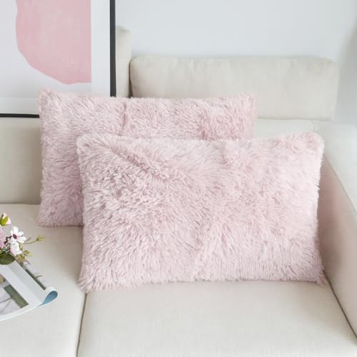 Image of Lumbar Pillow Covers for Couch Faux Fur Decorative Pillows 12x20 Inch