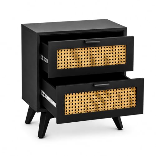 Image of Bedside Table for Bedroom, Hotels | Wooden Bed Side Nightstand Lamp Table with 2 Drawers Storage | Solid Wood Side End Table for Living Room, Home | with Rattan Cane- Black Finish