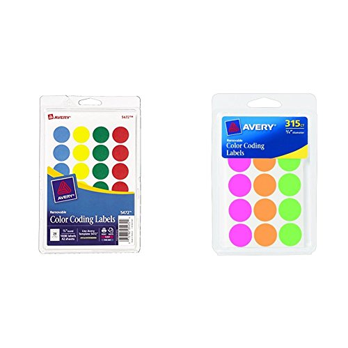 Avery Removable Print or Write Color Coding Labels, Round, 0.75 Inches, Pac and Avery Round Color Coding Labels, 0.75 Inch, Assorted, Removable,Pack of 315 (6733)