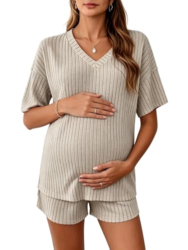 Image of MakeMeChic Women's Maternity 2 Piece Outfits Summer Short Sleeve Rib Knit Tee Top and Short Lounge Sets Clothes