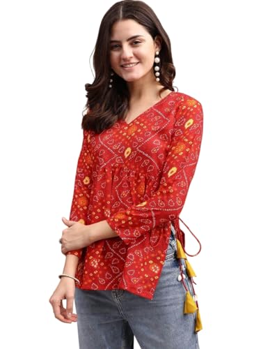 Image of MAHIRA'S Women's Short Kurti, Black Rayon Tunic Top with Embroidered Sleeves, 3 /4 Designer Sleeves