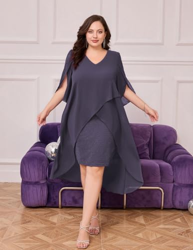 Image of Hanna Nikole Womens Plus Size Chiffon Cocktail Dress Ruffle 3 /4 Sleeve Wedding Guest Party Dresses with High Low Hem