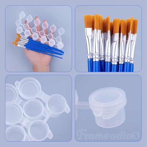 Image of Framendino, 20 Strips 120 Pots Empty Paint Mini Pot Cups Plastic Storage Containers with Lids Pieces Brushes for School Arts Craft Supplies (3ml /0.1oz)