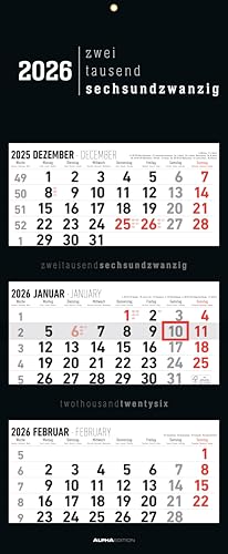 3-Monatskalender Black 2026 - Büro-Kalender 33x20 cm (geschlossen), 33x80 cm (geöffnet) - faltbar - mit Datumsschieber - Alpha Edition