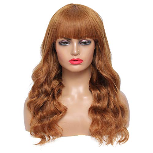 Dark Brown Body Wave Human Hair Wig 1 Piece, Blonde Wavy Curl None Lace Front Wigs with Bangs Glueless for Black Women (Brown, Body Wave, 16")