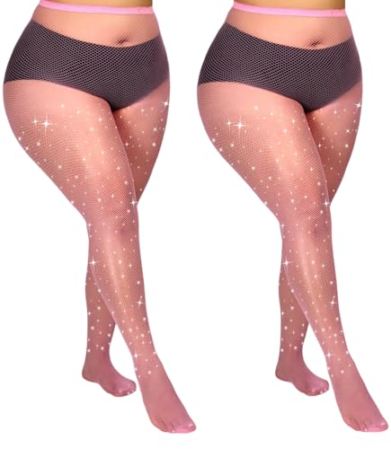 Image of Plus Size Fishnet Tights Sparkle Stockings Glitter Pantyhose High Waist Fine Mesh Stockings Value Pack of 2