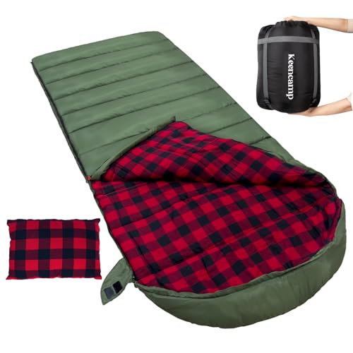 Keencamp Sacco a pelo Outdoor in flanella, caldo, 3-4 stagioni, con fodera interna in cotone XXL, sacco a pelo portatile, leggero, per inverno, campeggio per adulti, 230x90 cm, oliva