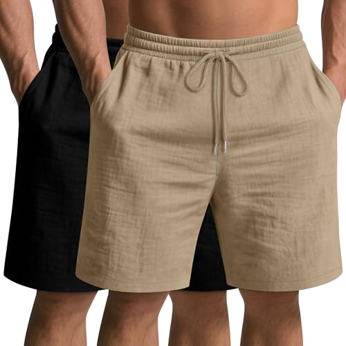 Ficerd 2 Pack Cotton Linen Big and Tall Shorts for Men Drawstring Elastic Waist 7