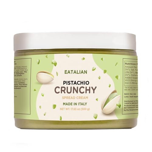Image of EATALIAN by AMZ BETTER Spreadable Crunchy Pistachio Cream 17.63 oz /500 gr, Pistachio Cream with Grains, Protein Paste, Sweet Taste, Ideal on Bread and Excellent for Dubai Chocolate, Made in Italy