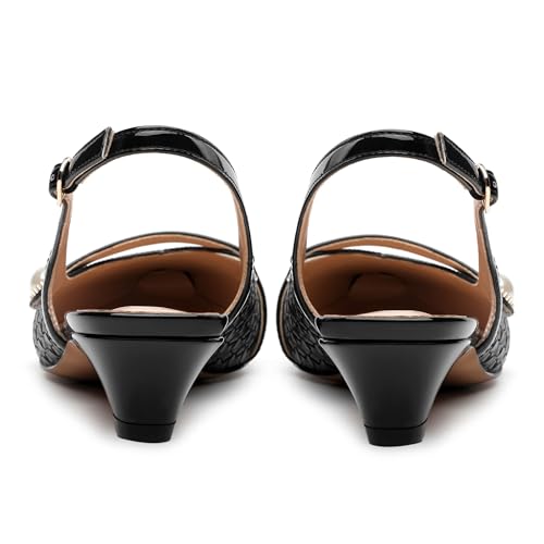 Womens Heeled Slingback Pumps, Pointed Toe Low Thick Kitten Heel Slingback Shoes for Women, Embossed Woven Shoes with Pearl Decoration 1.2"4