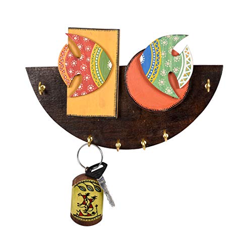 Image of AAKRITI ART CREATIONS Key Holder, Handcrafted Madhubani Fish Key Hanger | Rustic Wood Wall Organizer with 6 Hooks | New Home Gifts | Multifunctional Entryway Decor Item