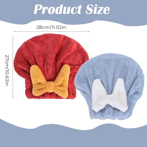 Tyrzol 2Pcs Hair Microfibe Hair Drying Caps Rapid Hair Towel Wrap Super Absorbent Hair Towel Wrap for Wet Hair Drying Towel Quick Dry Head wrap with Bow-Knot Shower Cap (Blue+Wine Red) - Image 3