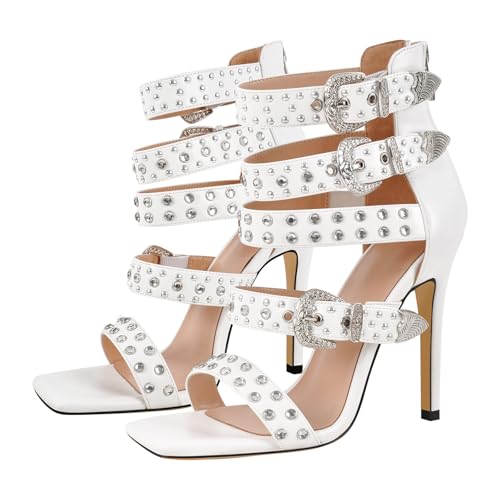 onlymaker Square Toe Rhinestone Beaded Zip up Stiletto Heeled Sandals for Women Multi Rivet Studded Buckle Bands Summer Sandals3